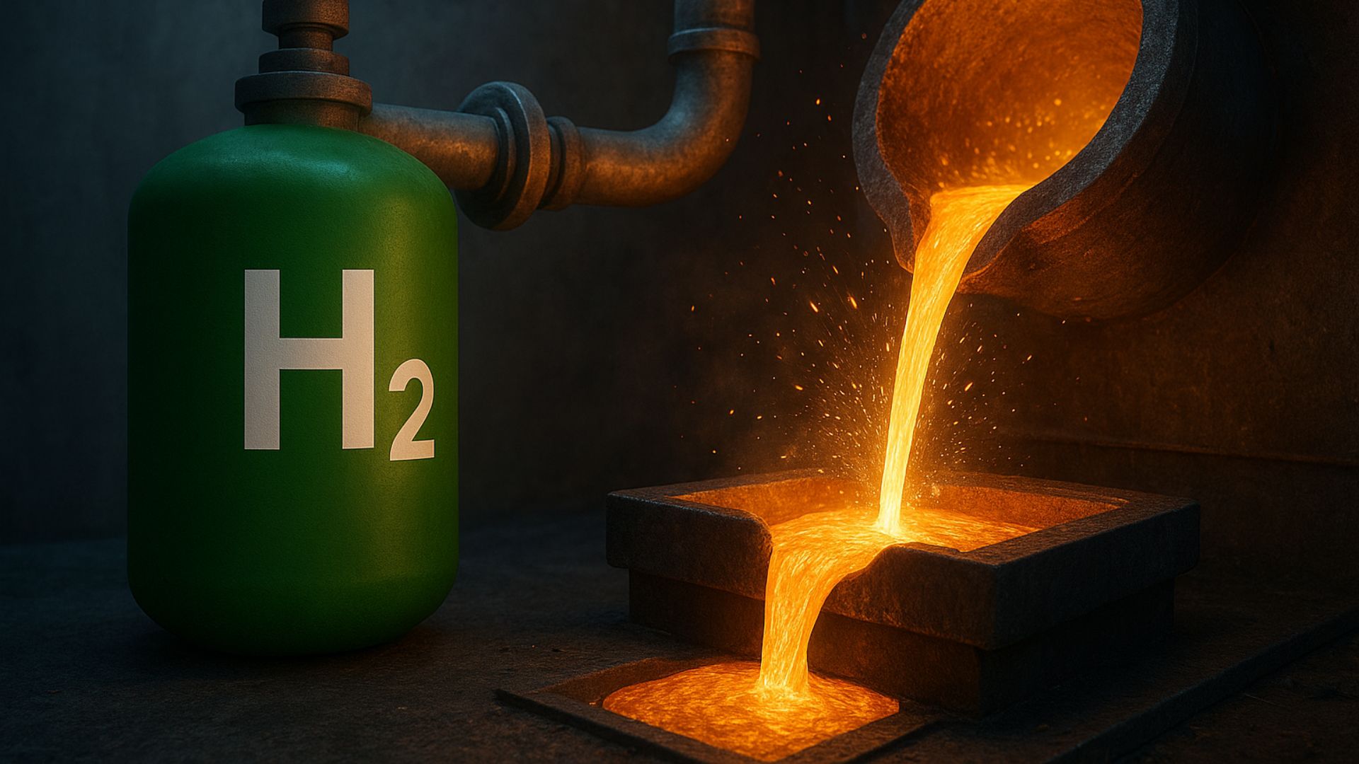 Cilindro verde de hidrogênio conectado a um sistema industrial enquanto metal líquido incandescente é despejado em um molde, representando produção sustentável com hidrogênio verde.