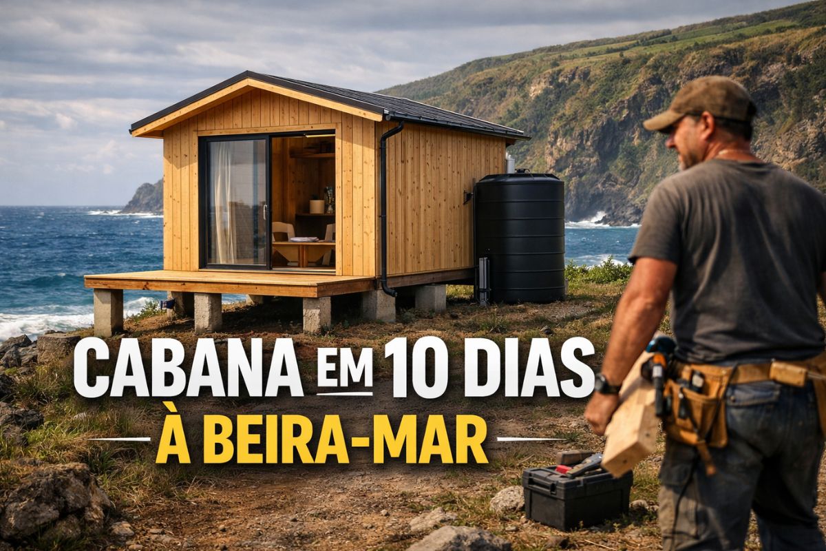Cabana pequena minimalista nos Açores une vida off-grid, cedro-japonês sustentável, uso de água da chuva e vista para o mar em 15 m² bem planejados.
