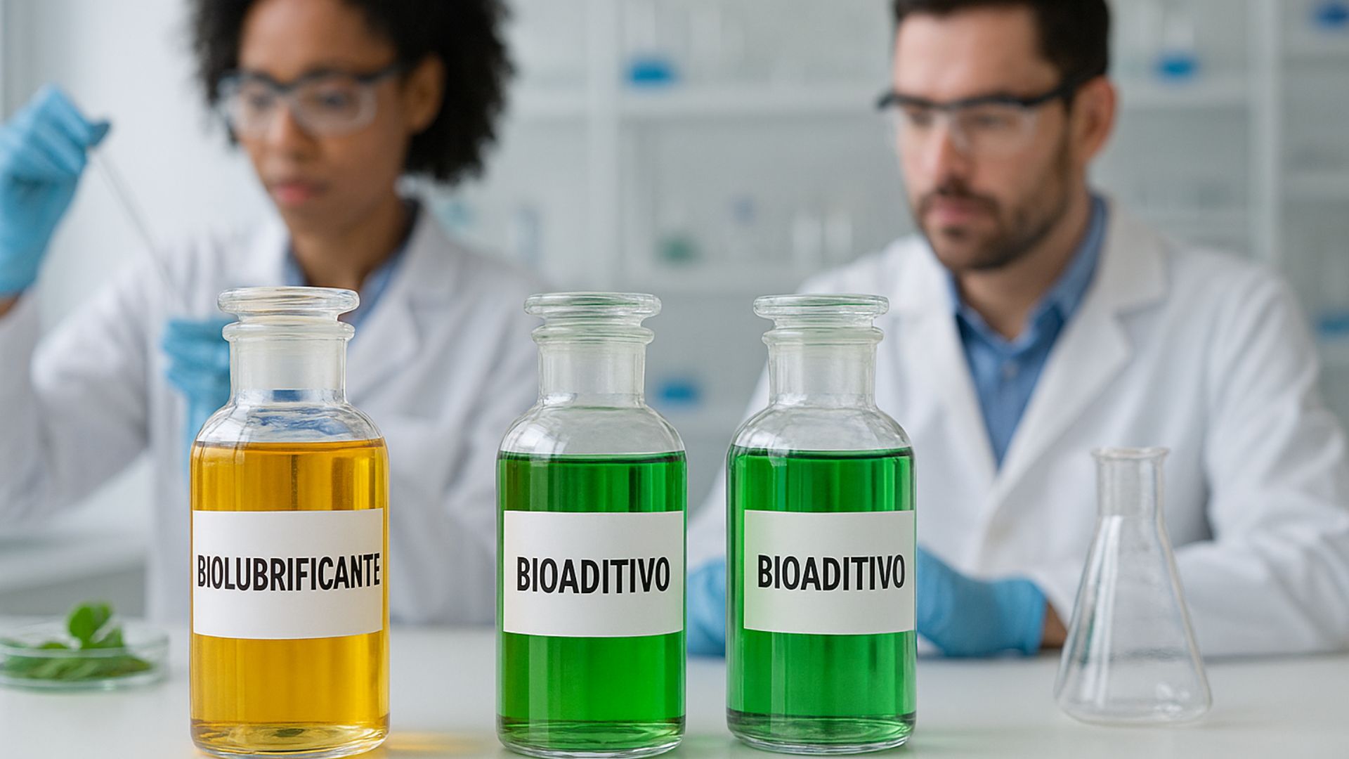 Frascos rotulados com biolubrificantes e bioaditivos sobre uma bancada de laboratório, com dois cientistas ao fundo realizando experimentos em ambiente moderno.