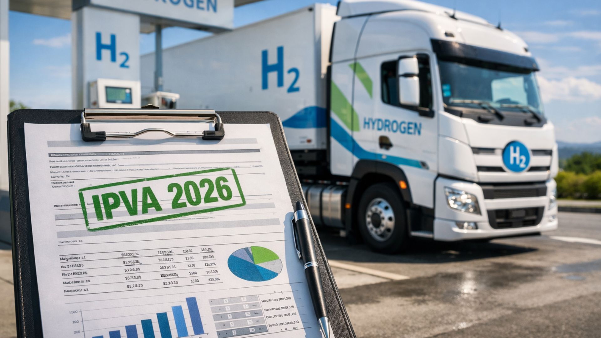 Caminhão movido a hidrogênio abastecendo em posto sustentável, com prancheta em primeiro plano exibindo documentos e carimbo verde “IPVA 2026”, simbolizando isenção fiscal e mobilidade sustentável