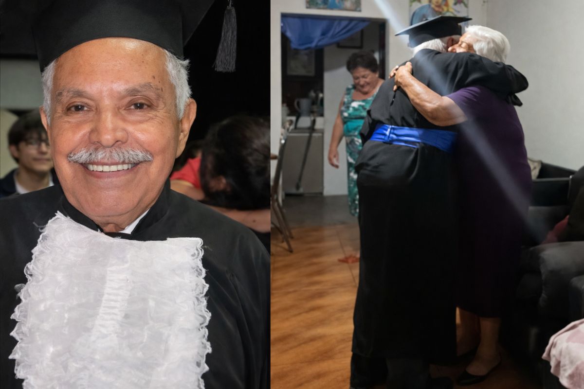 Idoso de 78 anos, se forma em gestão financeira, é aplaudido de pé, recebe diploma do filho professor e emociona ao levar beca até mãe de 97 anos em Varginha