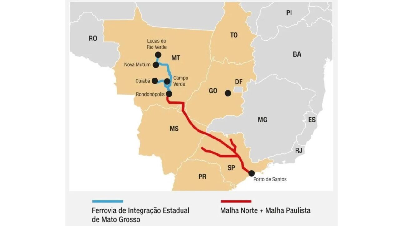 Trecho inicial da FMT com trilhos recém-instalados demonstra avanço da maior obra ferroviária do país. (Imagem: divulgação Rumo)