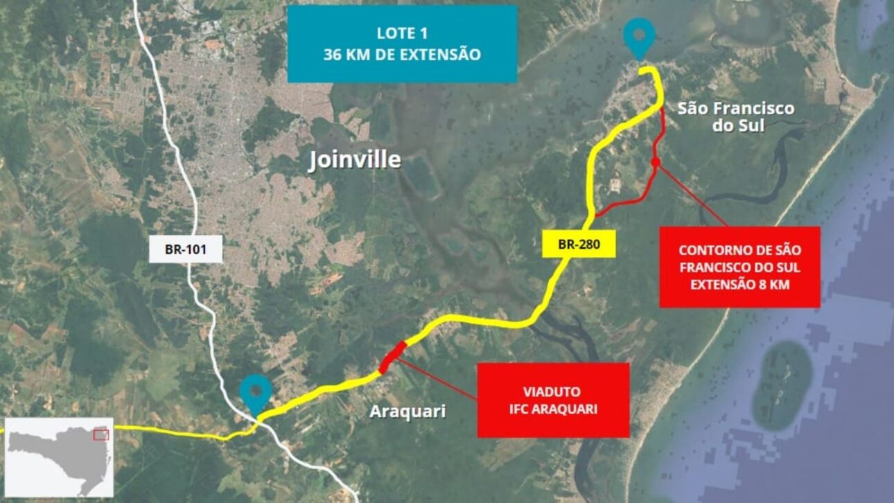 Puente de 489 metros en Araquari avanza con R$ 60 millones garantizados y licitación prevista para 2026, prometiendo aliviar el tráfico de la BR-280.