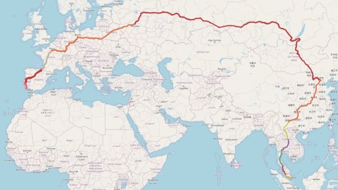 Viaje en tren con trayecto ferroviario de casi 19 mil km conecta Portugal a Singapur en hasta 21 días, cruzando continentes y uniendo Europa y Asia por rieles.