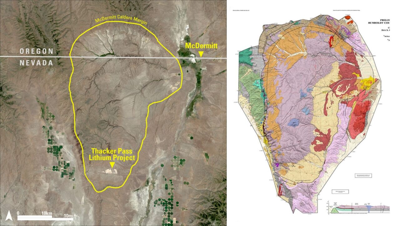 Mapa geográfico da Caldeira McDermitt, destacando sua extensão entre Nevada e Oregon na fronteira dos EUA. (Imagem: USGS / Wikimedia Commons)