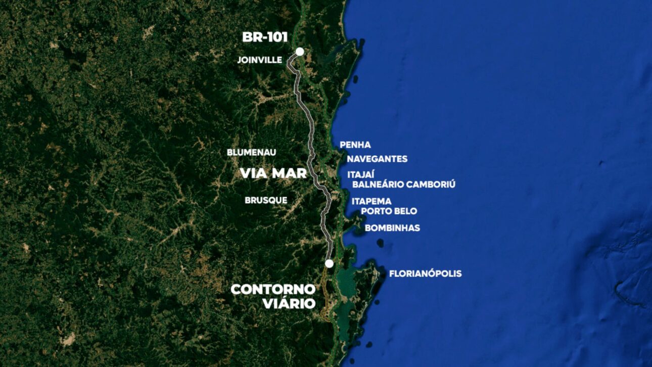 La Via Mar es una nueva carretera de SC con 145 km y seis carriles para conectar Joinville a la Gran Florianópolis, alternativa a la BR-101, con obras previstas a partir de 2026.