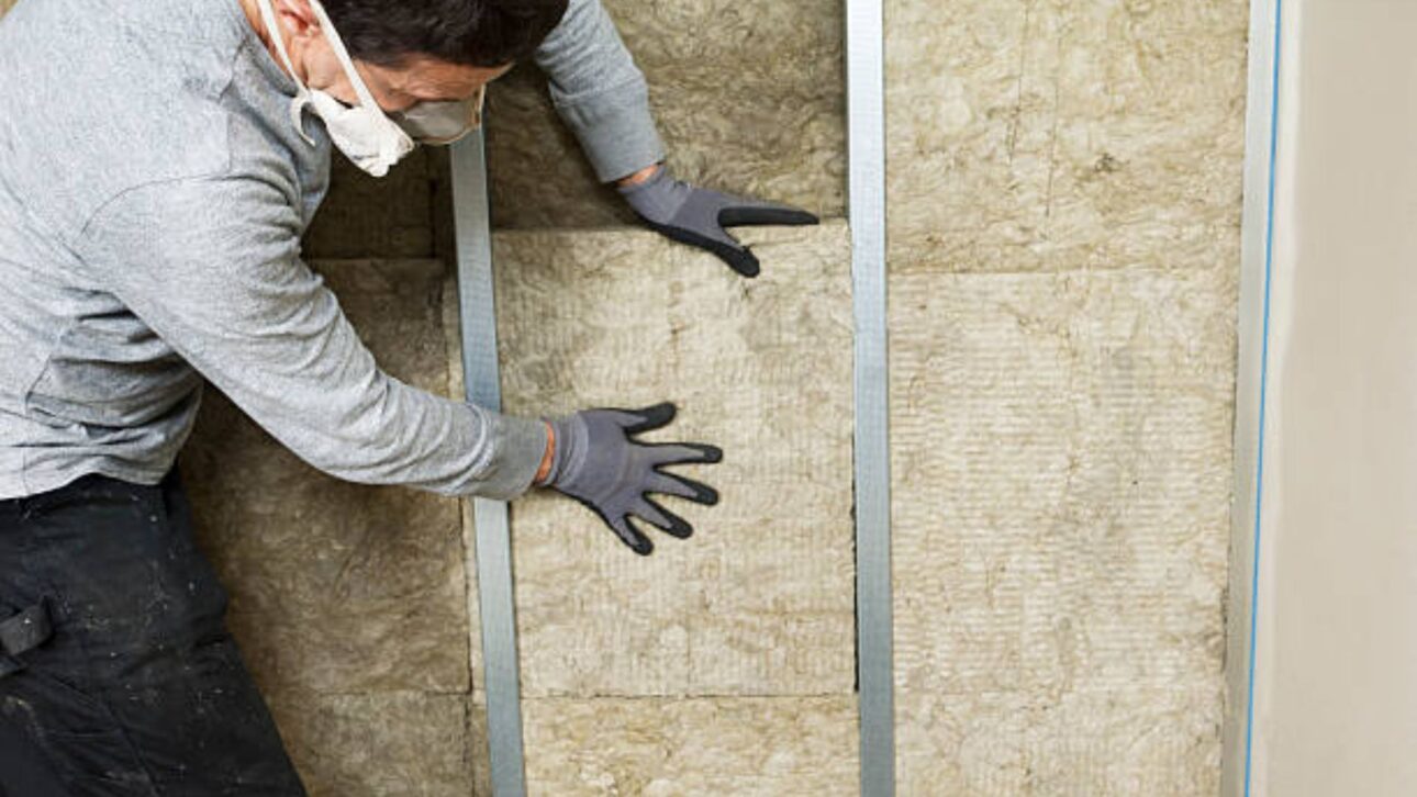 Aislamiento térmico con lana de roca en pared de construcción, demostrando material para confort térmico y eficiencia energética. 