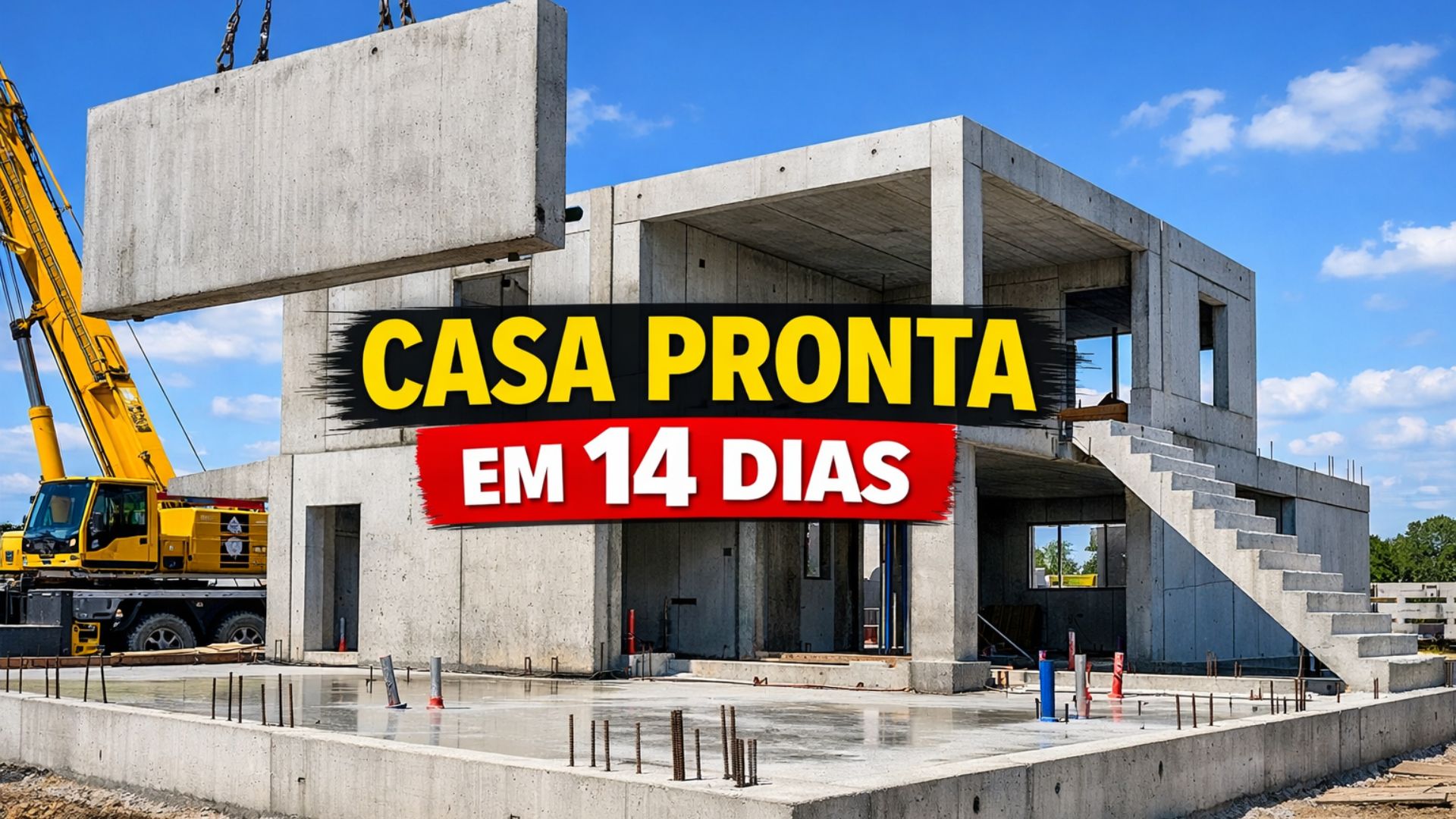 Casa de concreto montada em duas semanas usa pré-moldados, encaixes precisos e fundação sem fôrmas, reduzindo etapas no canteiro.