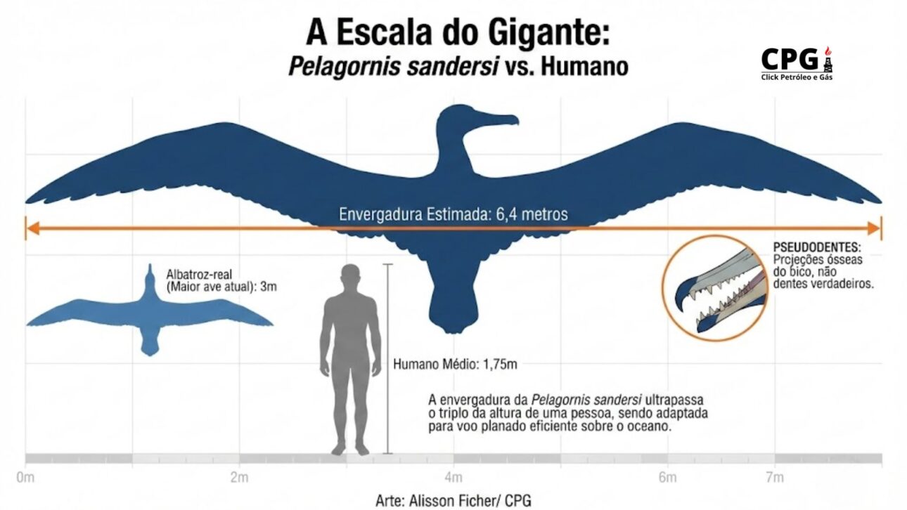 Con envergadura de 6,4 metros y pico con pseudodientes, la Pelagornis sandersi fue una de las mayores aves voladoras ya registradas por la ciencia. (Arte/ Alisson Ficher)