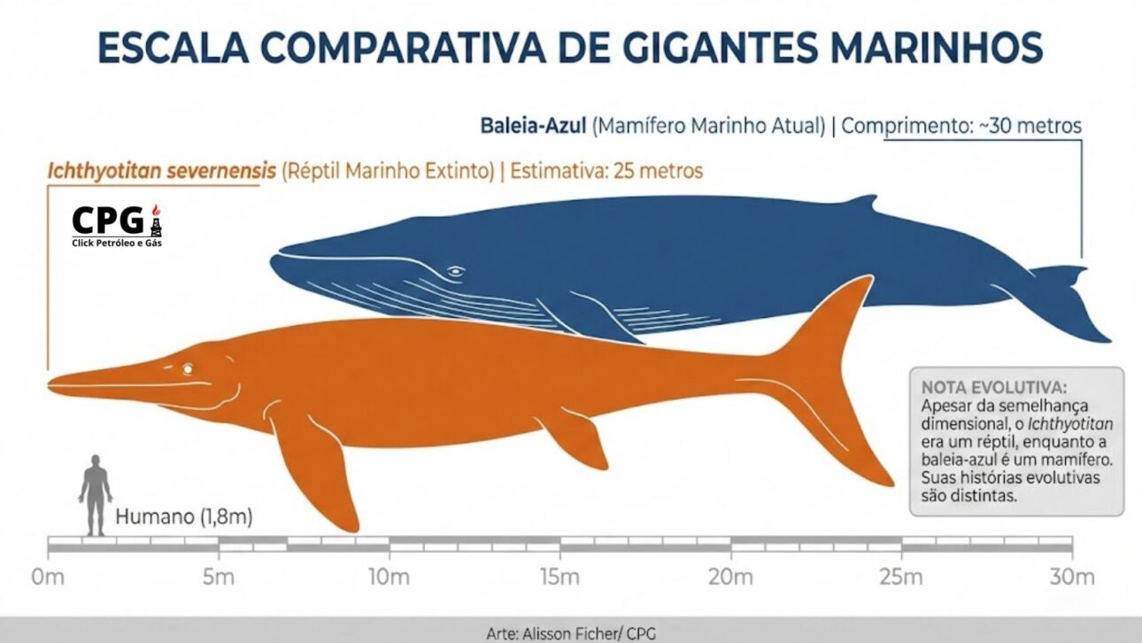Fósil encontrado en Inglaterra reveló el Ichthyotitan severnensis, ictiosaurio del Triásico con mandíbula gigante y tamaño estimado de hasta 26 metros. (Arte: Alisson Ficher)