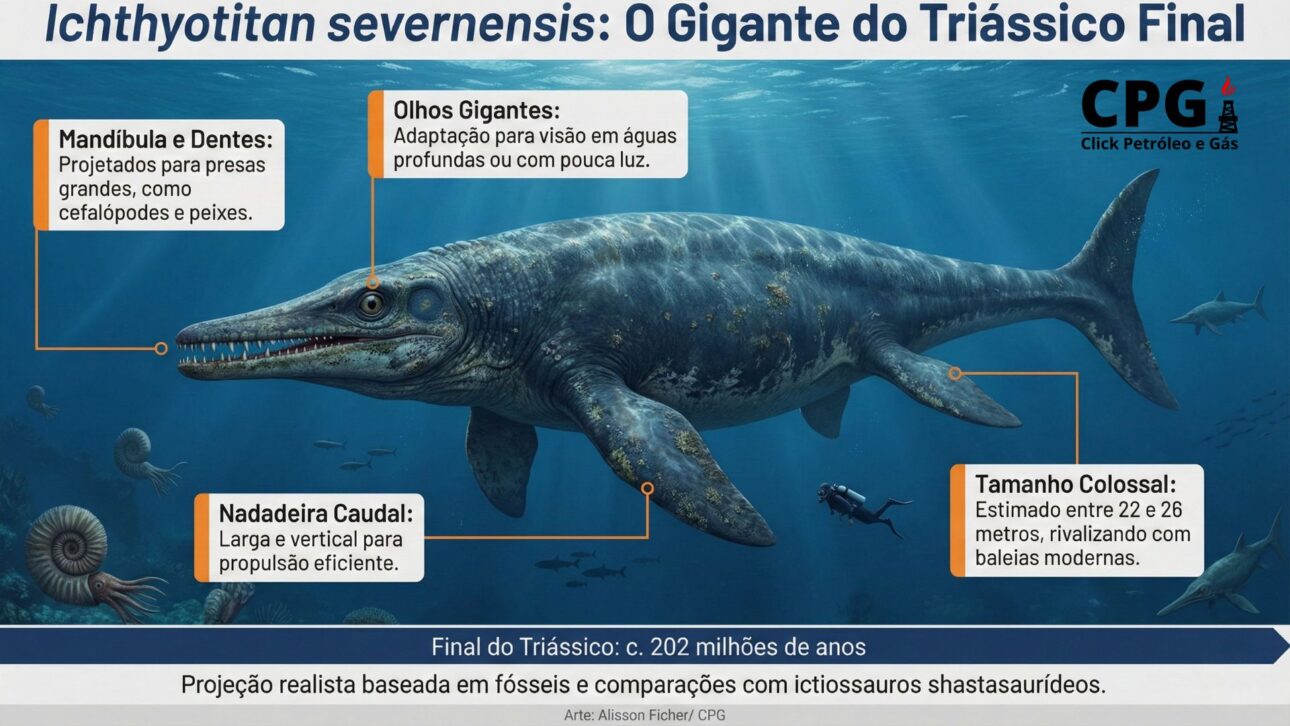 Fósil encontrado en Inglaterra reveló el Ichthyotitan severnensis, ictiosaurio del Triásico con mandíbula gigante y tamaño estimado de hasta 26 metros. (Arte: Alisson Ficher)