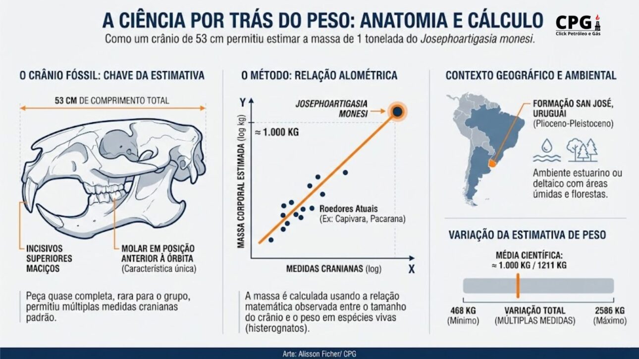 Cráneo de 53 cm reveló al Josephoartigasia monesi, mayor roedor ya descubierto, con estimaciones de peso en la casa de 1 tonelada. (Arte: Alisson Ficher)