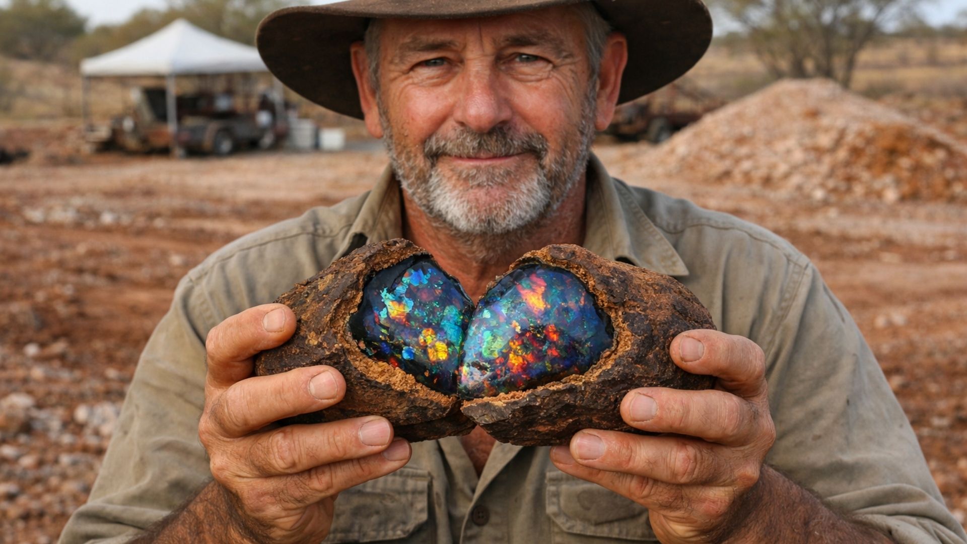 Garimpeiro corta rocha pesada e revela opala rara de quase 400 g em Queensland; peça foi avaliada e incorporada a acervo público na Austrália.
