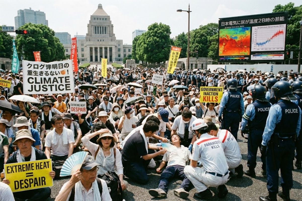 Japoneses processam governo por inação climática após calor extremo e mudanças climáticas; ação pede indenização simbólica para expor riscos no Japão.