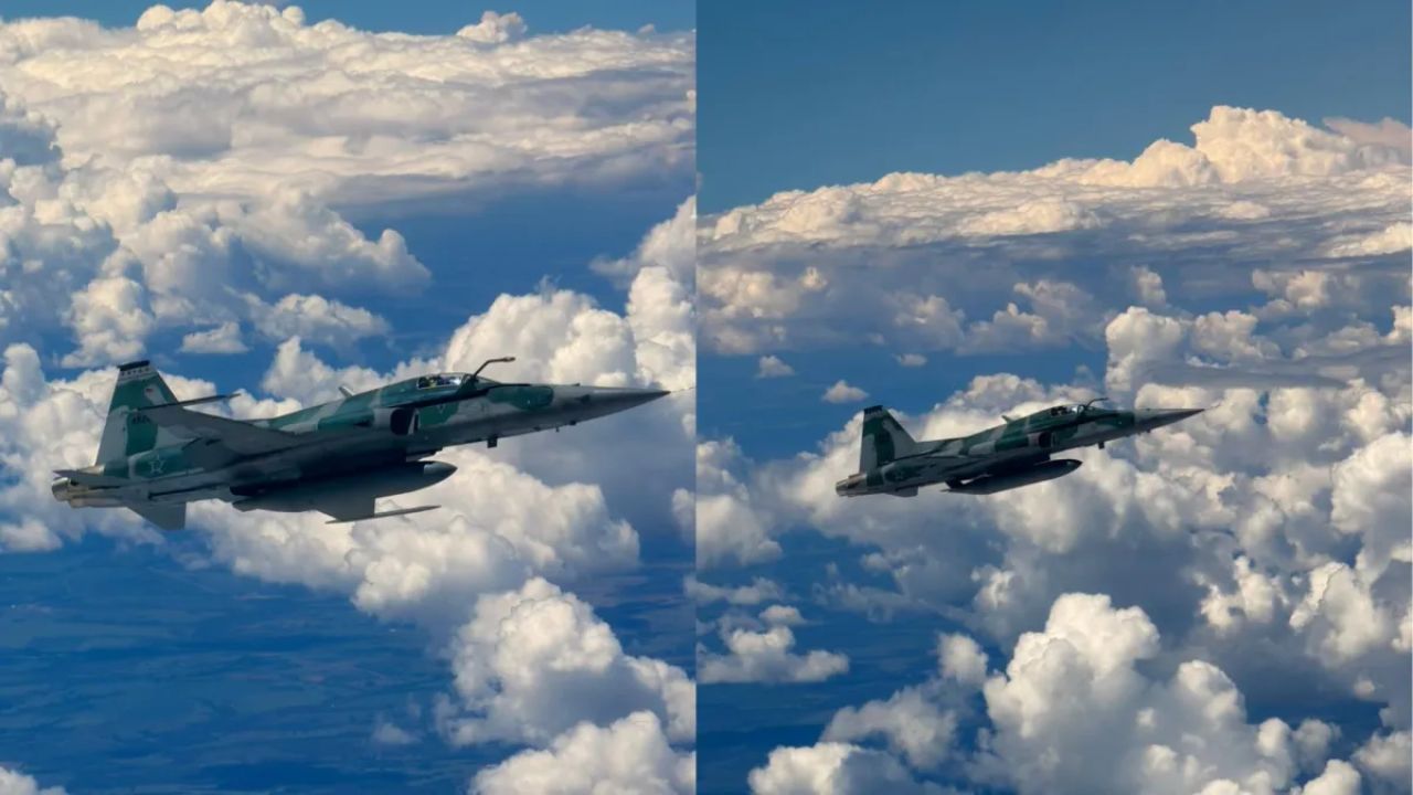 Jet interceptado por caza F-5 de la FAB en blitz aérea en el espacio aéreo brasileño recibe tiro de advertencia de caza F-5 de la FAB en operación de rutina.