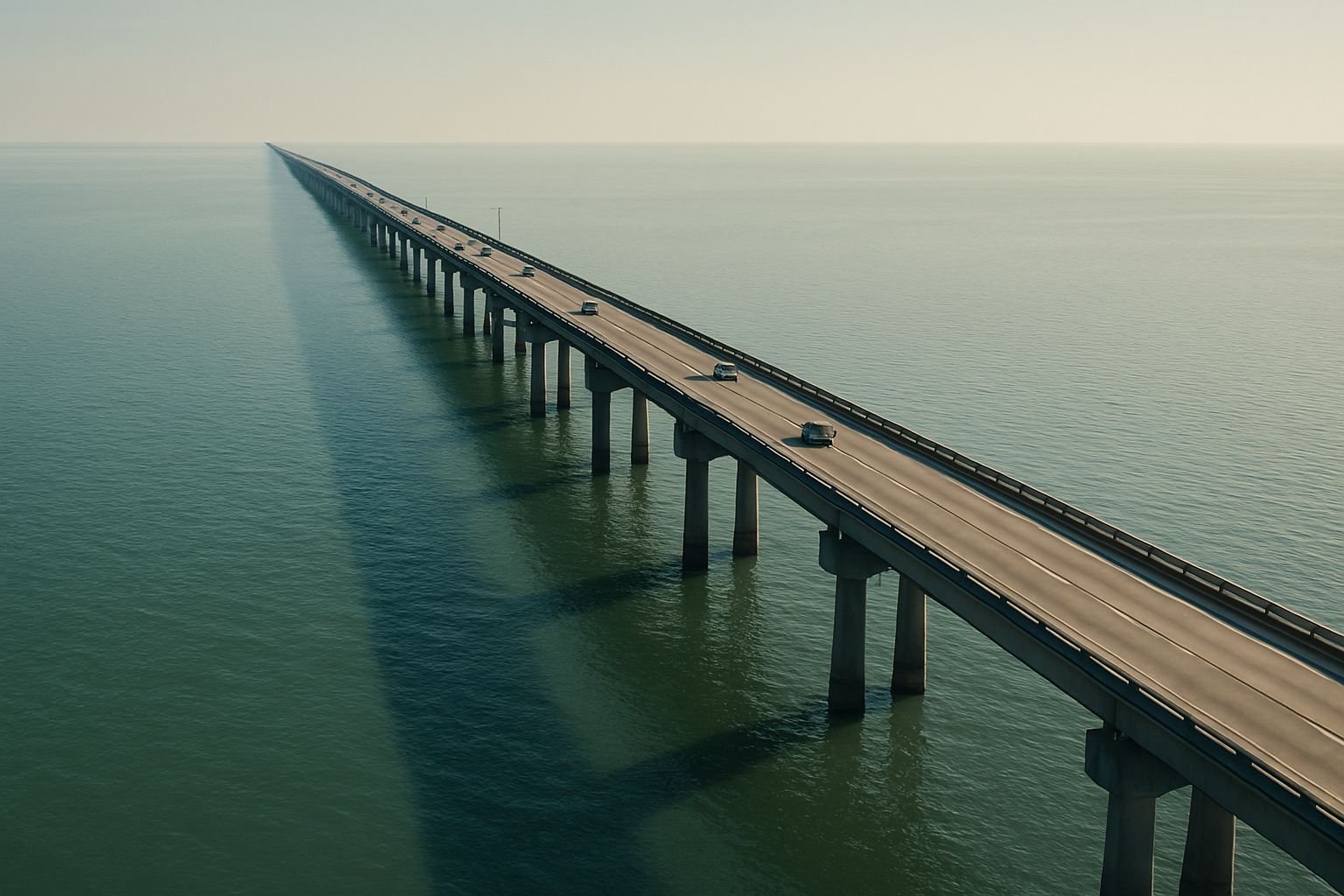 Com quase 40 km de extensão sustentados por mais de 9.500 pilares de concreto cravados no fundo de um lago, esta ponte forma uma das linhas contínuas mais longas já construídas sobre a água