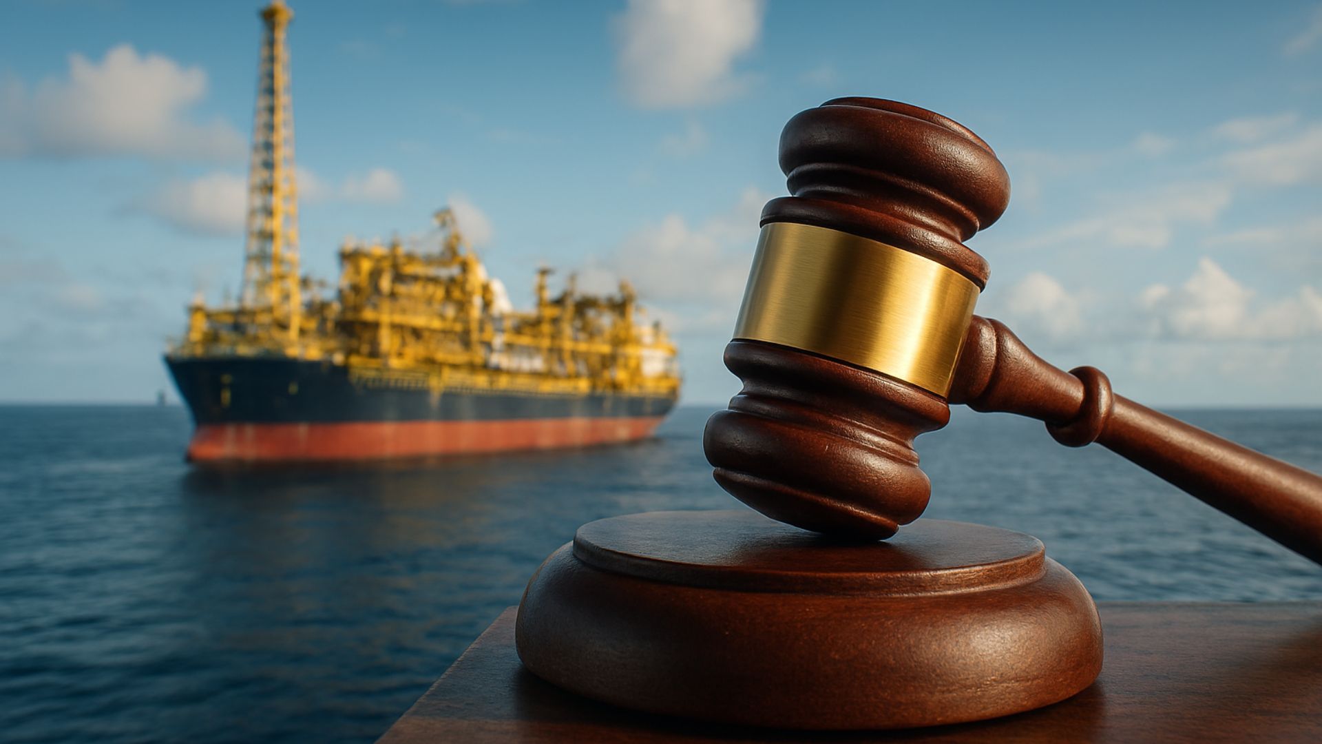 Martelo de leilão em destaque sobre superfície de madeira, com navio-plataforma FPSO desfocado ao fundo no oceano sob céu parcialmente nublado.
