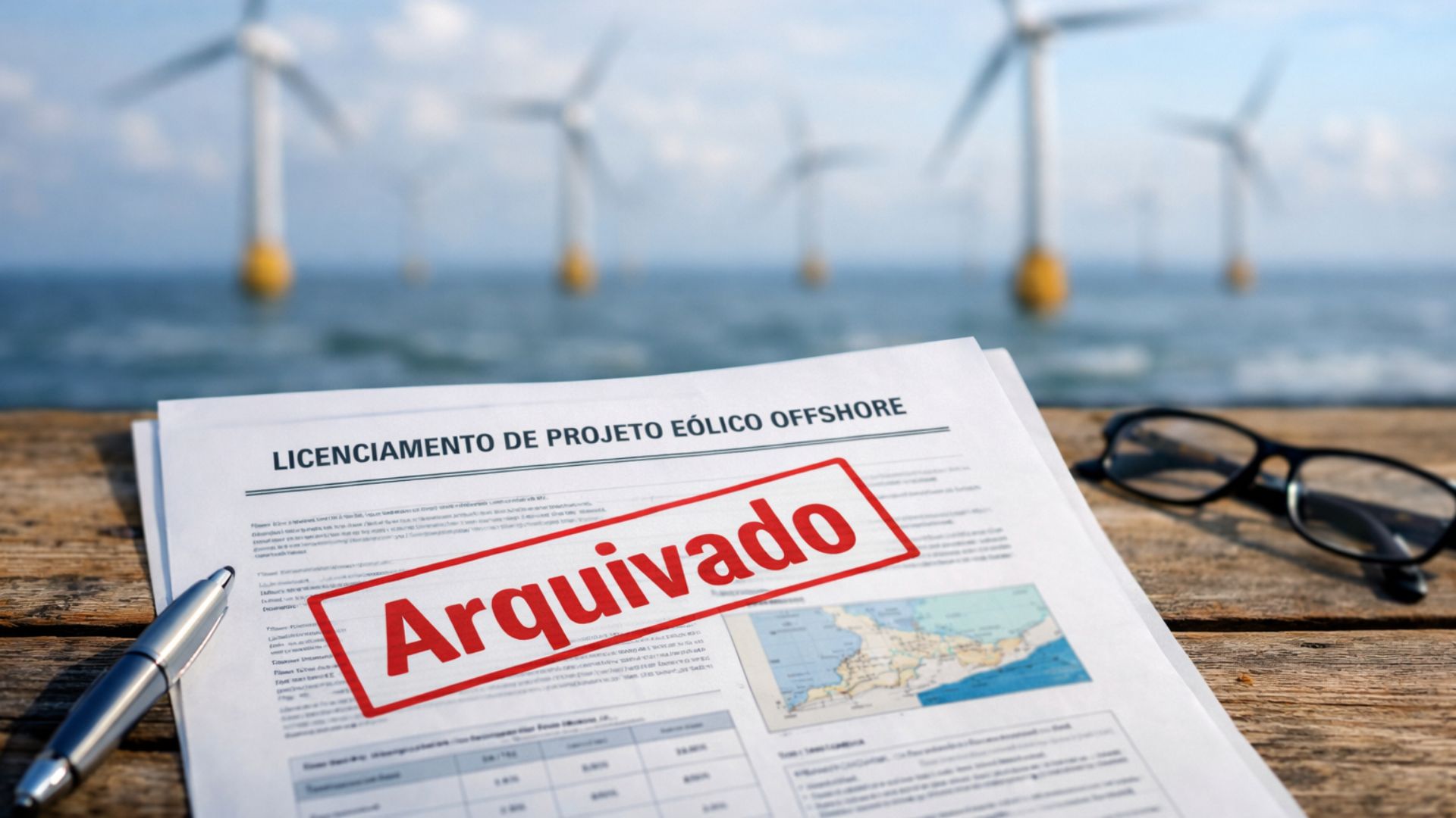 Documento de licenciamento com carimbo “Arquivado” em foco sobre uma superfície, com um parque eólico offshore desfocado ao fundo — representando o arquivamento de pedidos de licenciamento ambiental de parques eólicos no mar pelo Ibama no Ceará