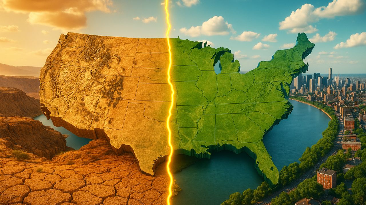 Linha invisível no mapa revela por que 80% dos americanos vivem no Leste menos chuva, rios maiores, cidades sustentáveis e um Oeste que depende do Colorado e enfrenta uma crise