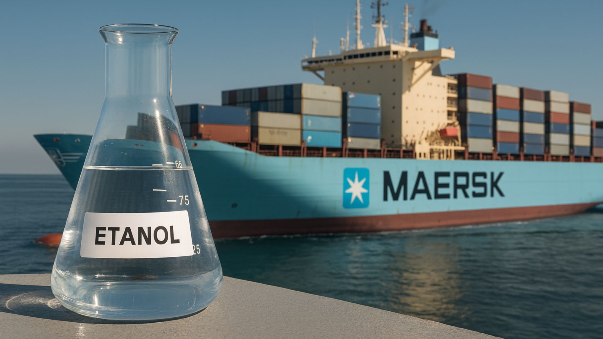 Frasco de etanol em primeiro plano com um navio cargueiro da Maersk ao fundo navegando no mar