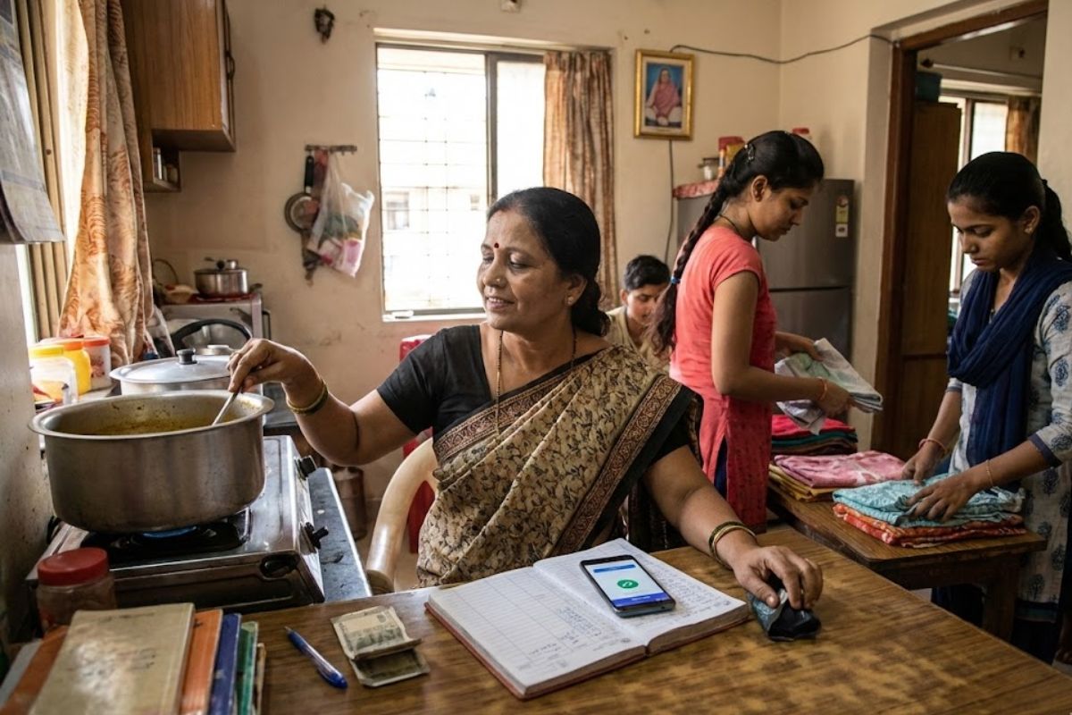 Na Índia, mulheres ganham dinheiro todo mês por trabalho doméstico via transferência de dinheiro, fortalecendo autonomia financeira e influenciando eleições na Índia.