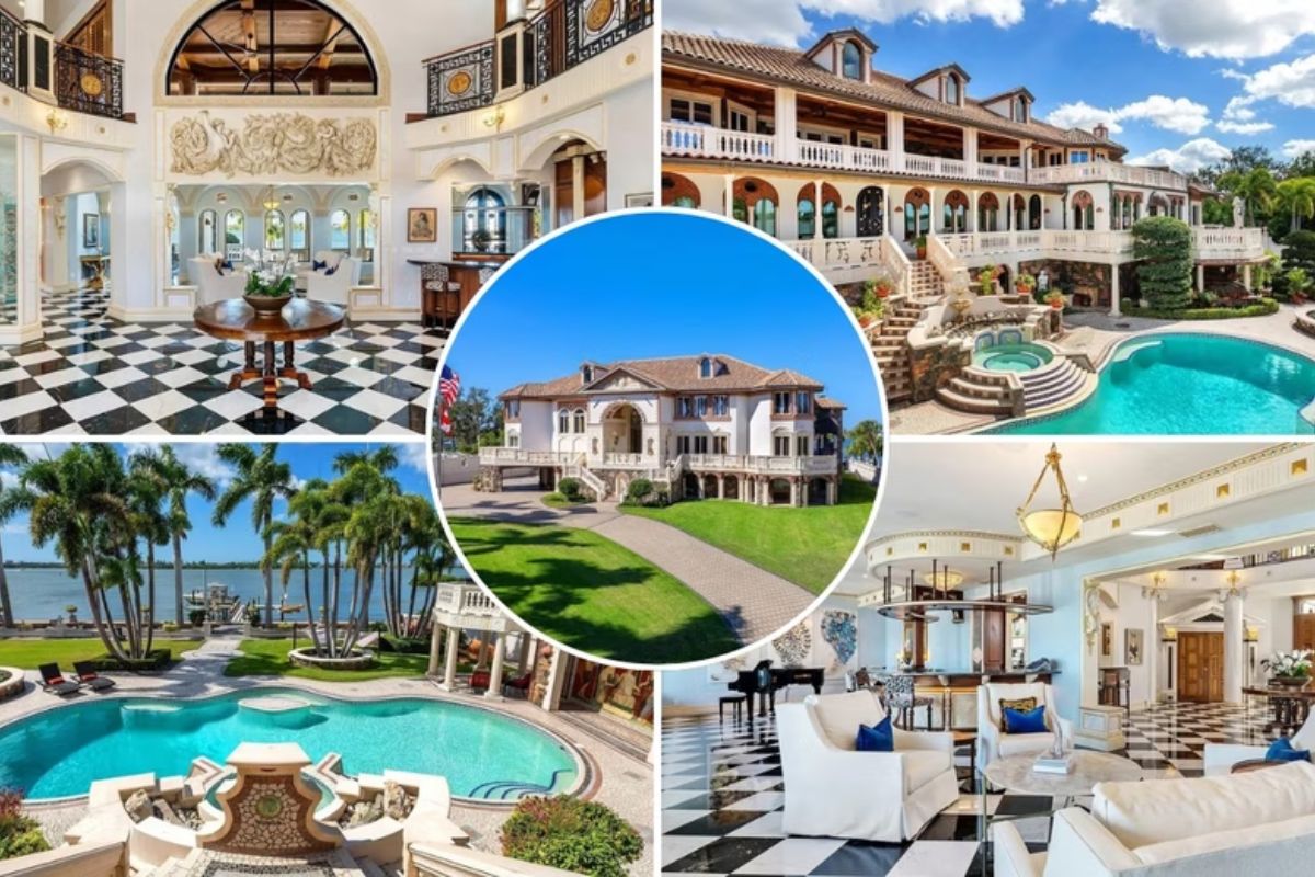 Mansão 'fora da curva' em Sarasota reúne poço dos desejos, banho turco, mosaico inspirado na mansão Versace e píer para iates à venda por 26,4 milhões de dólares.