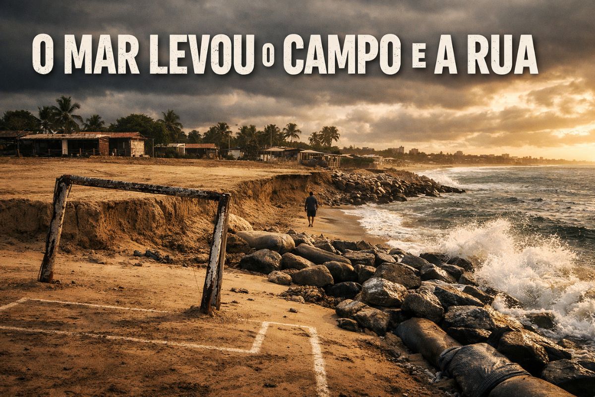 mar engole pedaço de ilha perto de Salvador em Cacha Pregos, em Vera Cruz; obra de contenção tenta conter a erosão costeira e salvar a orla após anos de avanço.