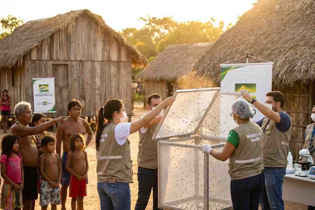 Ministério da Saúde libera mosquito estéril em aldeia indígena com Técnica do Inseto Estéril para fortalecer o controle de arbovirose causada pelo Aedes aegypti.