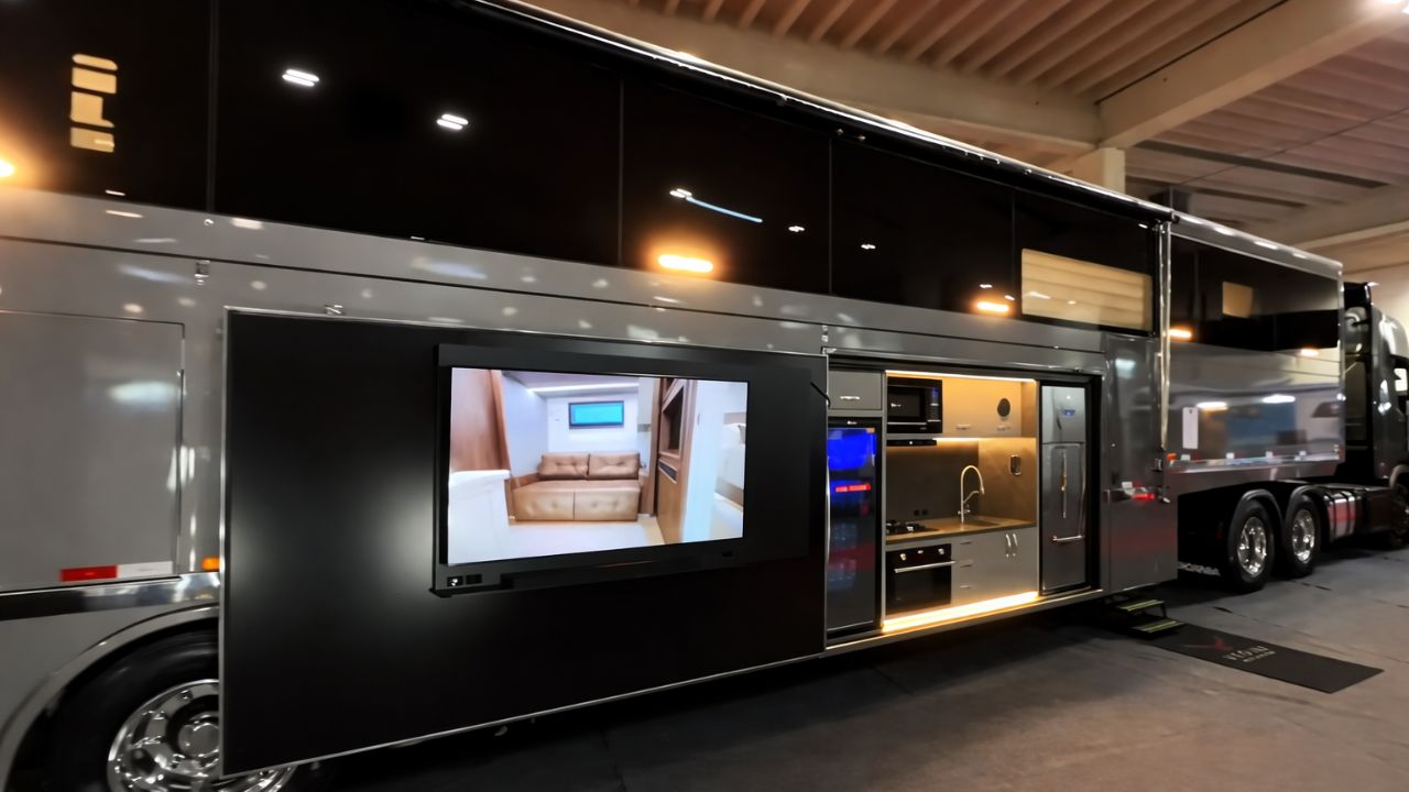 Na Expo Motorome 2025, Vegini revela sua maior carreta motorhome 15,8 m, 10 toneladas, água 700 L, cozinha externa, Starlink, suíte ampla luxuosa e cavaleira elétrica para 6 cavalos (1)