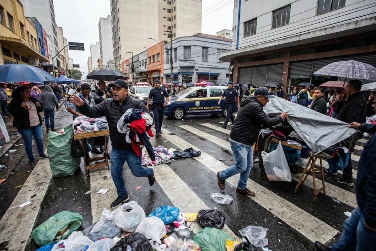 Brás, maior mercado de rua do Brasil, expõe camelôs e comércio ambulante sob pressão da Operação Delegada e da fiscalização diária nas ruas do centro.