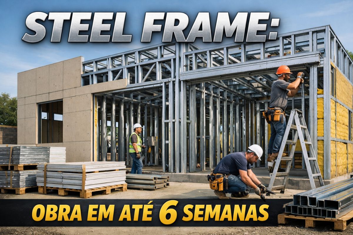 Nova casa de steel frame em construção a seco com steel frame deixa a obra mais rápida, gera menos entulho e organiza melhor o canteiro.
