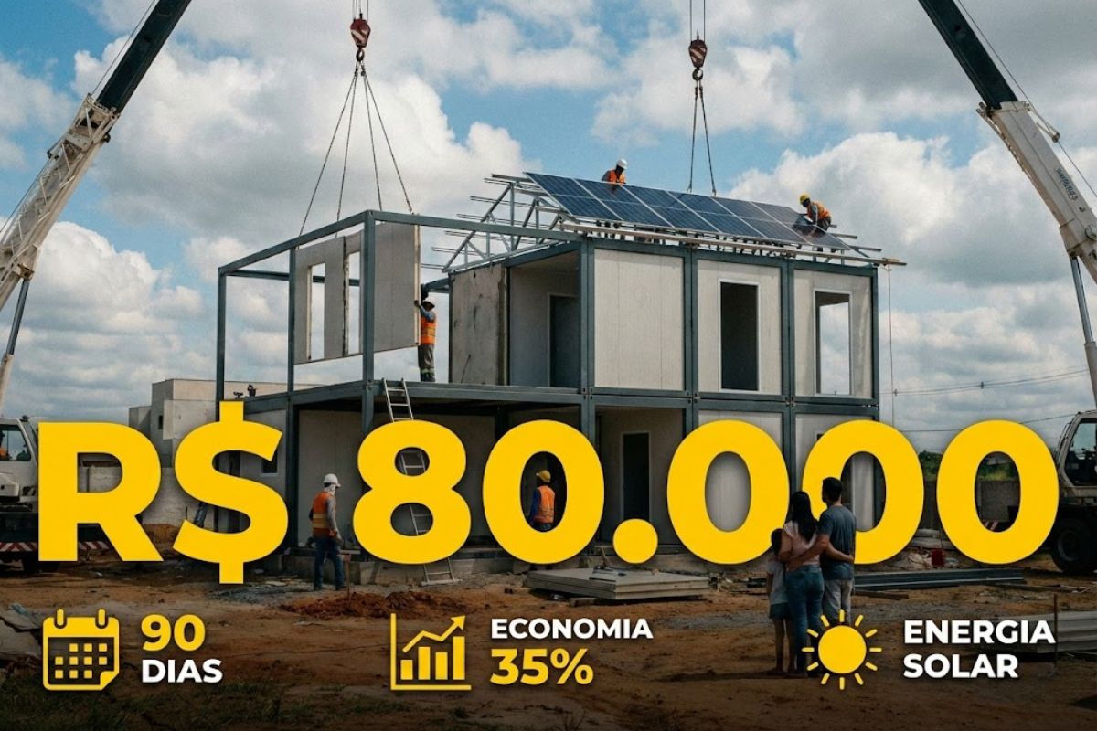 Casa modular de dois andares usa construção modular rápida, pronta para energia solar e foco em economia na construção, explicamos vantagens e cuidados. IMAGEM: IA