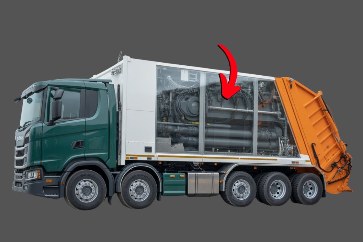 Caminhão de lixo lida com resíduos perigosos, conecta coleta seletiva na estação de transferência e despeja a carga final em aterros sanitários.