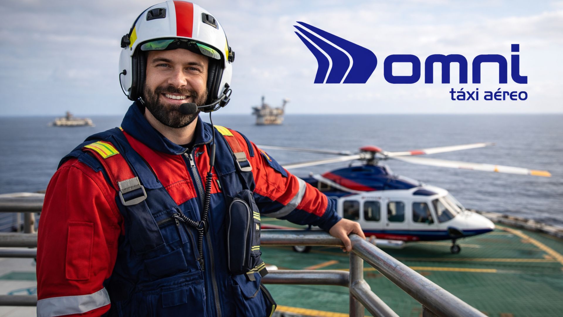 Piloto comandante de helicóptero AW139 em uniforme de voo profissional com capacete, ao lado do logotipo da Omni Táxi Aéreo — representando oportunidades de trabalho em operações offshore e áreas estratégicas