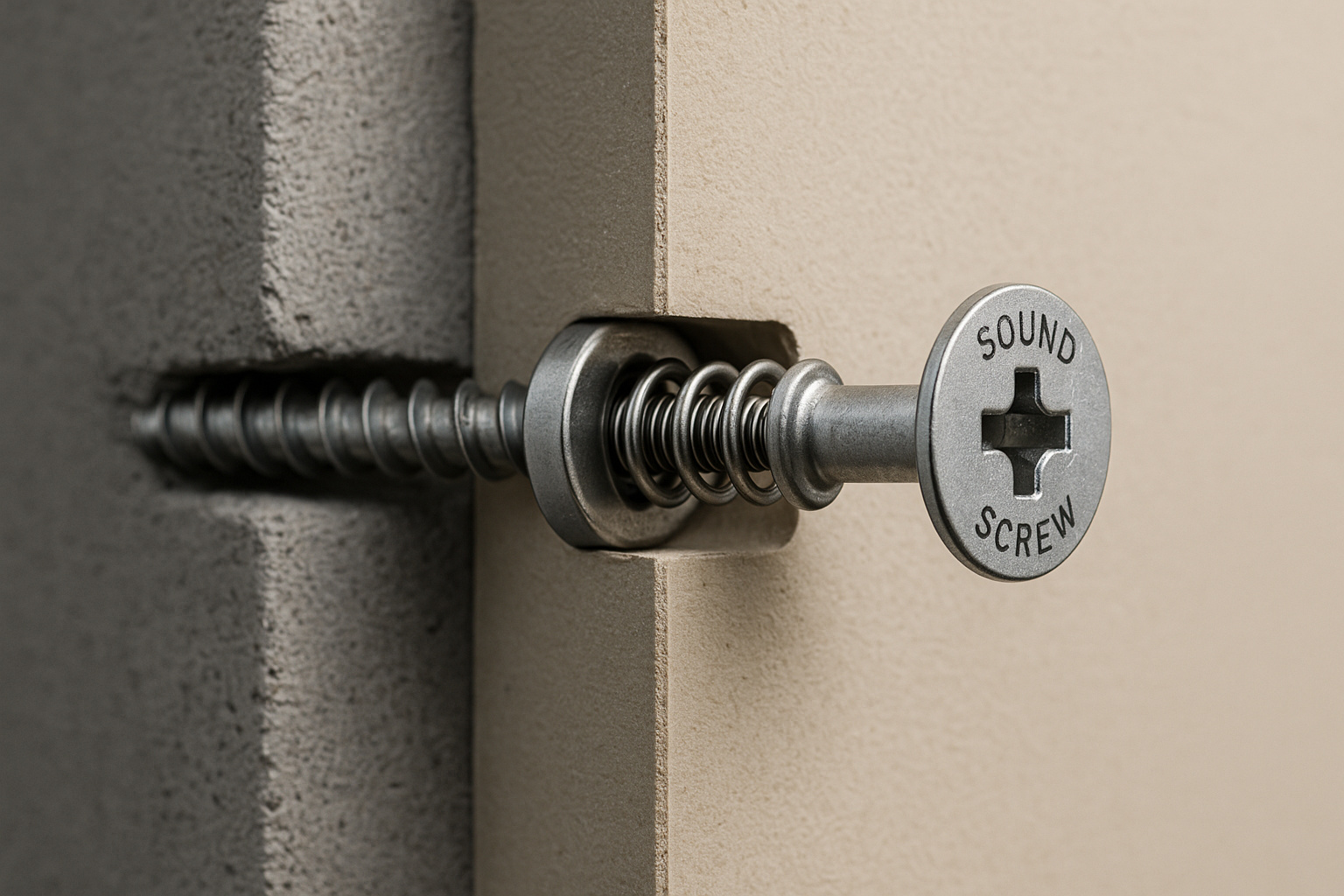 Parafuso acústico Sound Screw com mola interna instalado entre drywall e estrutura de madeira, ilustrando tecnologia sueca de redução de ruído.