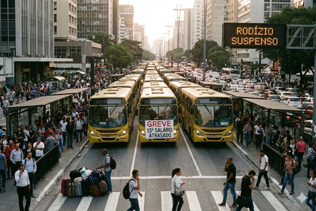 A paralisação de ônibus em São Paulo atinge 3,3 milhões de passageiros, eleva o trânsito a recordes, suspende o rodízio, pressiona empresas pelo 13º salário e expõe o caos no transporte.