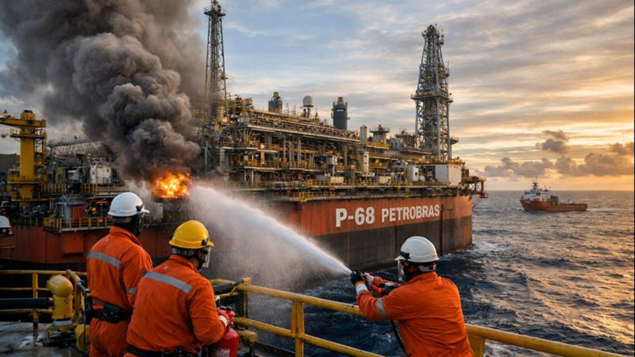 Princípio de incêndio levou a Petrobras a interromper a produção na Plataforma P-68, no pré-sal da Bacia de Santos, sem feridos ou danos.