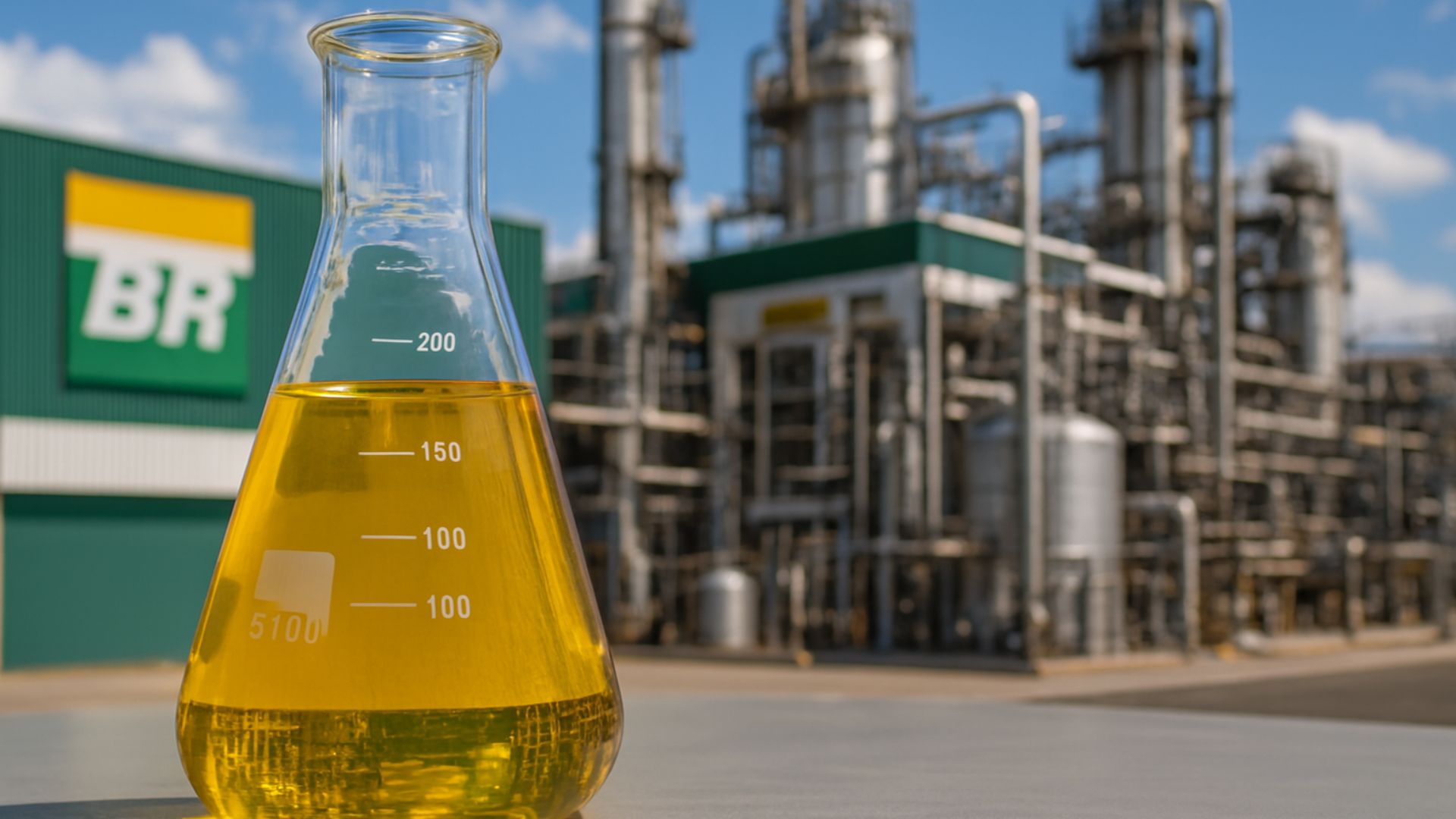 Frasco Erlenmeyer com biodiesel B100 sobre superfície industrial, com usina da Petrobras ao fundo