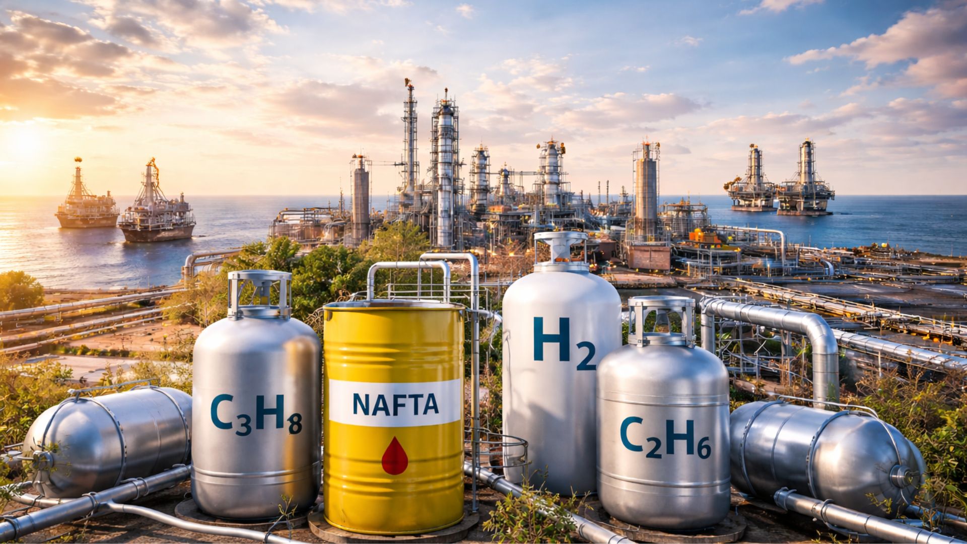 Complexo petroquímico integrado com tanques industriais de nafta, etano, propano e hidrogênio interligados por tubulações, ao fundo refinaria e plataformas offshore em ambiente costeiro.