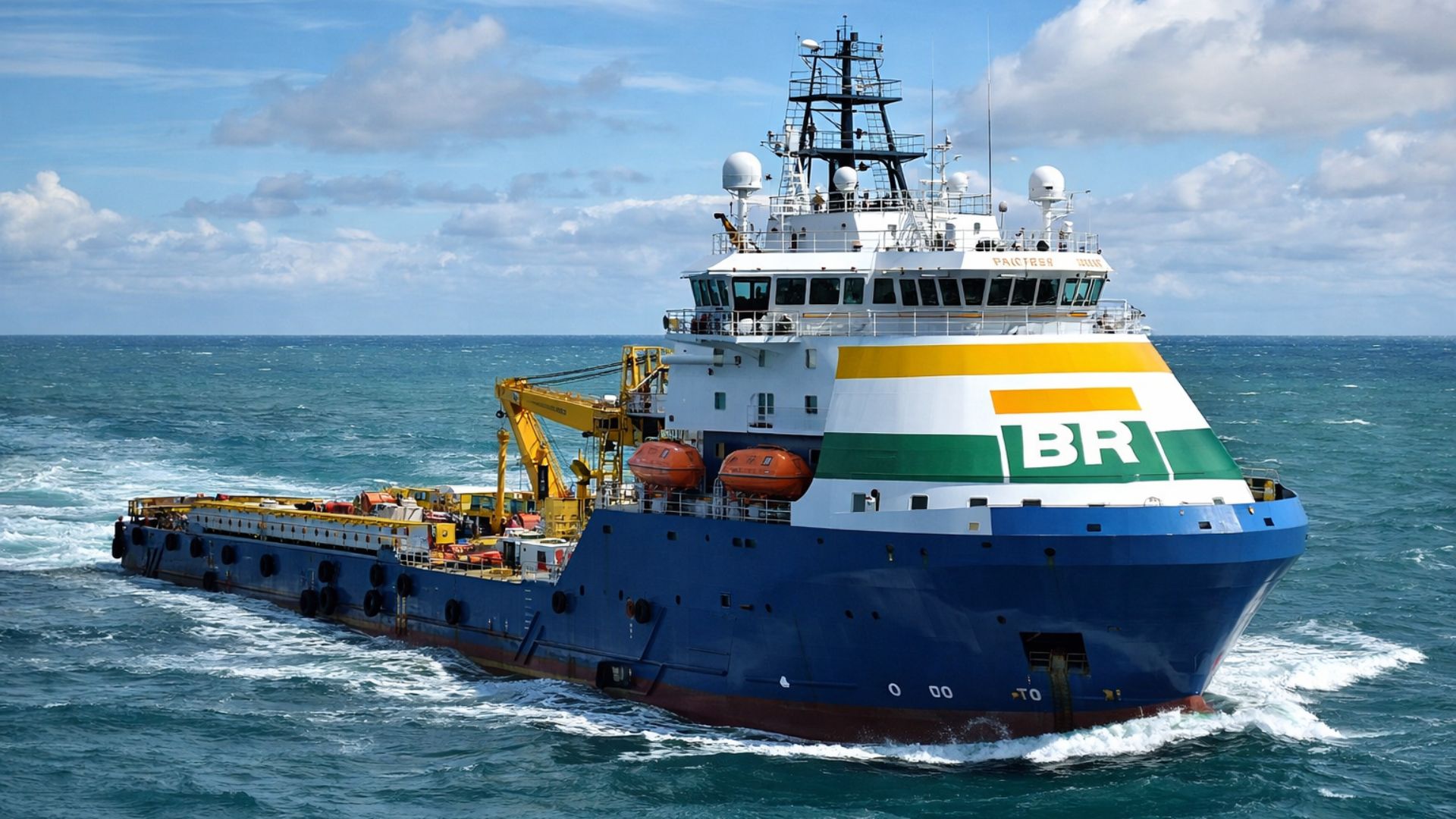 Navio de apoio offshore do tipo AHTS-TO com logotipo da Petrobras navegando em mar aberto, utilizado em operações marítimas de suporte e afretamento ao longo do litoral brasileiro