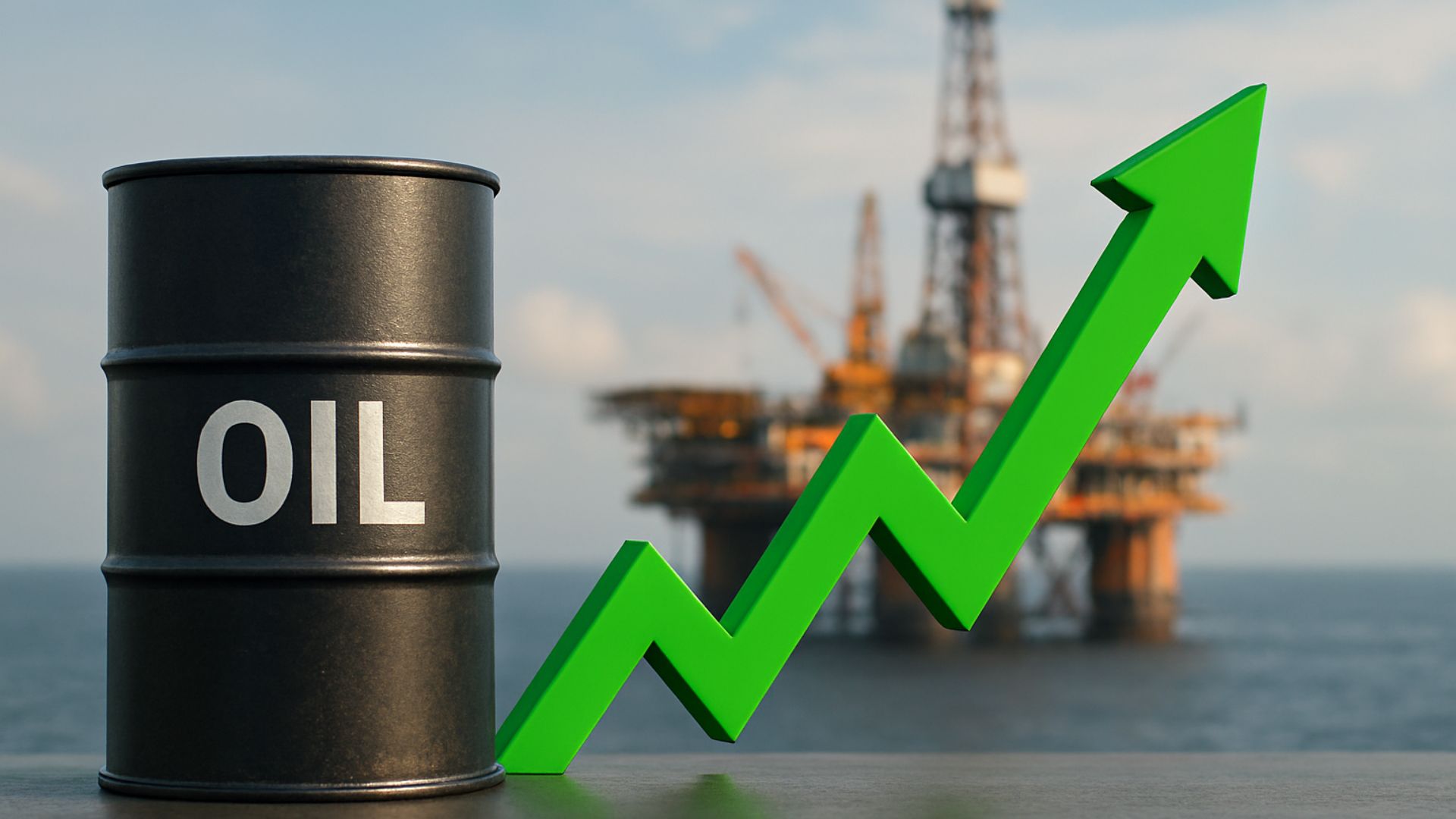 Imagem realista de uma plataforma de petróleo desfocada ao fundo, com um barril de petróleo e uma seta gráfica verde em 3D apontando para cima em primeiro plano, simbolizando crescimento.