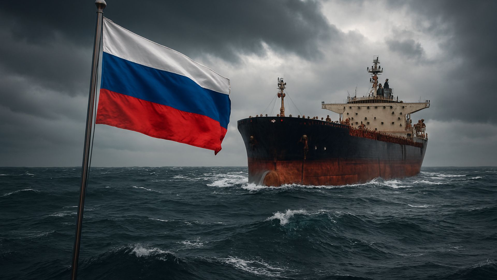 Navio petroleiro russo à deriva em mar revolto sob céu nublado, com bandeira da Rússia em destaque no primeiro plano.