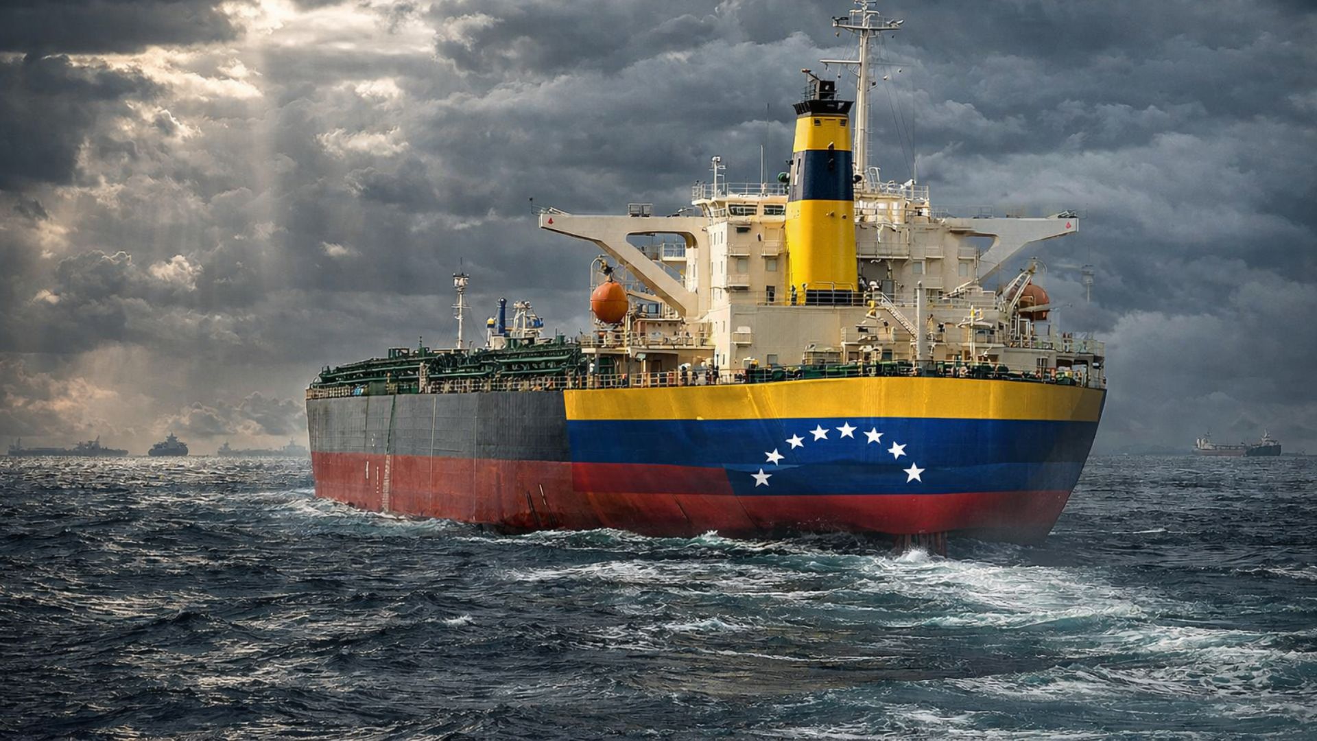 Navio petroleiro navega em mar agitado com casco pintado nas cores da bandeira da Venezuela, sob céu escuro e clima dramático, simbolizando irregularidades no escoamento de petróleo.