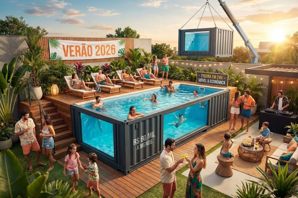 Piscina de container chega pronta em 24h, custa menos que piscina de alvenaria, tem instalação de piscina fácil, é piscina móvel e combina com deck de madeira.