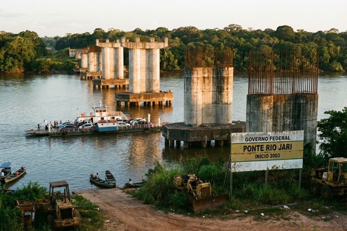 Na Amazônia, a ponte do Rio Jari segue inacabada entre Pará e Amapá, mantém a região dependente de balsas e expõe como atrasos em infraestrutura travam o desenvolvimento local.