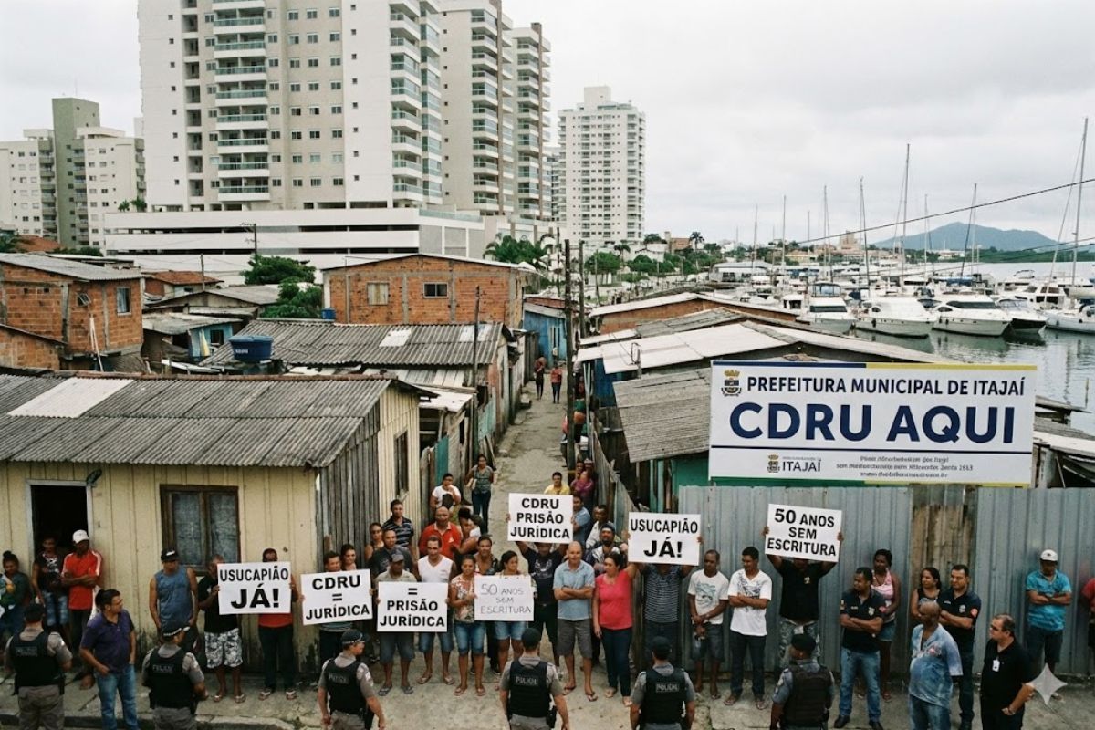 Na disputa por usucapião na Nova Divinéia, a Prefeitura de Itajaí oferece CDRU e aposta em regularização fundiária que mantém famílias sem escritura.