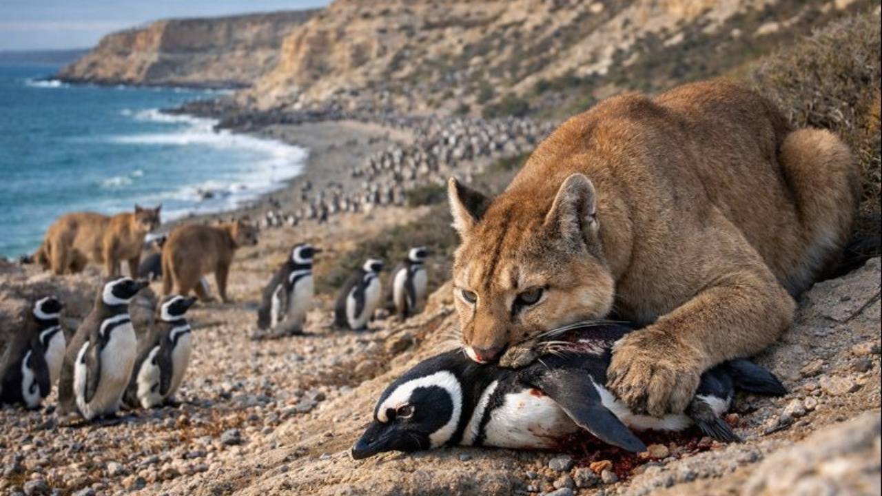 Pumas na Patagônia passaram a caçar pinguins, alterando o comportamento animal e criando interações ecológicas inesperadas.