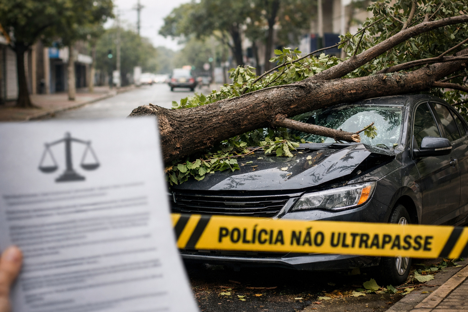 Quando uma árvore cai sobre um carro em via pública, quem paga o prejuízo? A lei define o responsável e muita gente desconhece esse direito