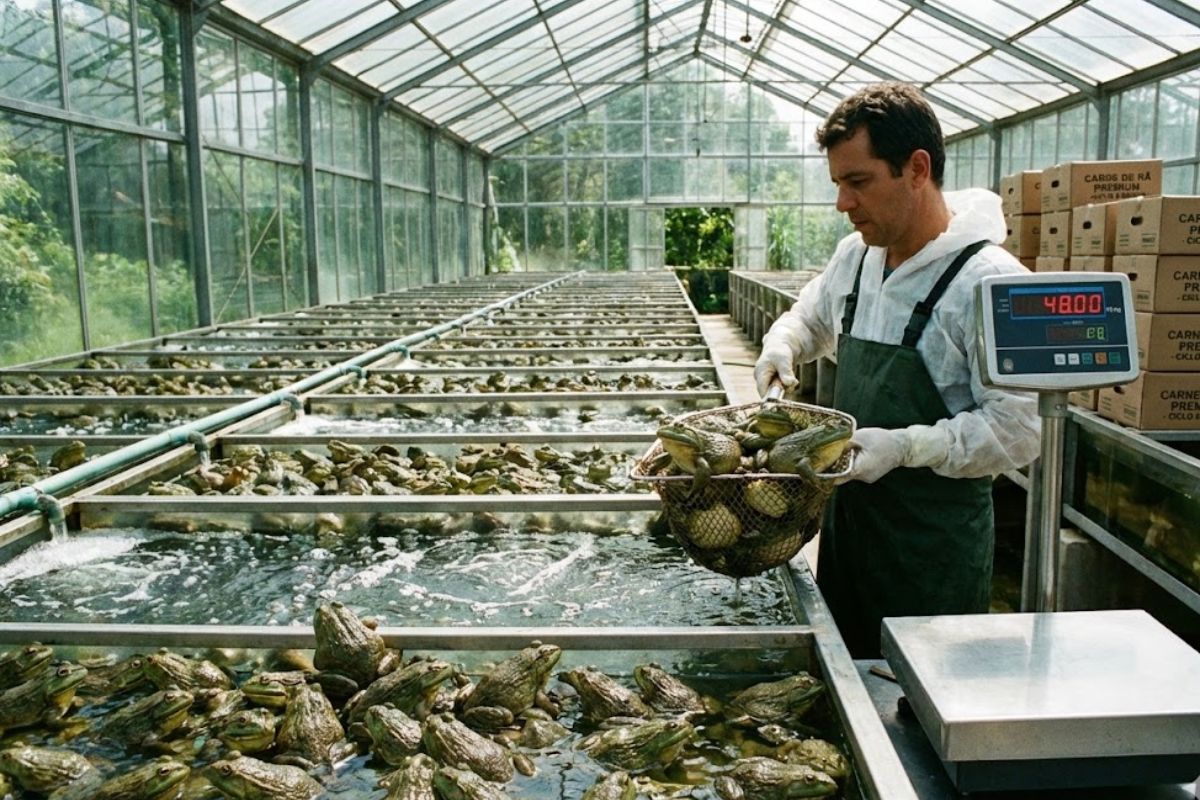 Ranário mostra criação de rãs lucrativa, vende carne de rã a R$ 48 o quilo e revela produção de rãs limitada pela ranicultura sem indústria estruturada.