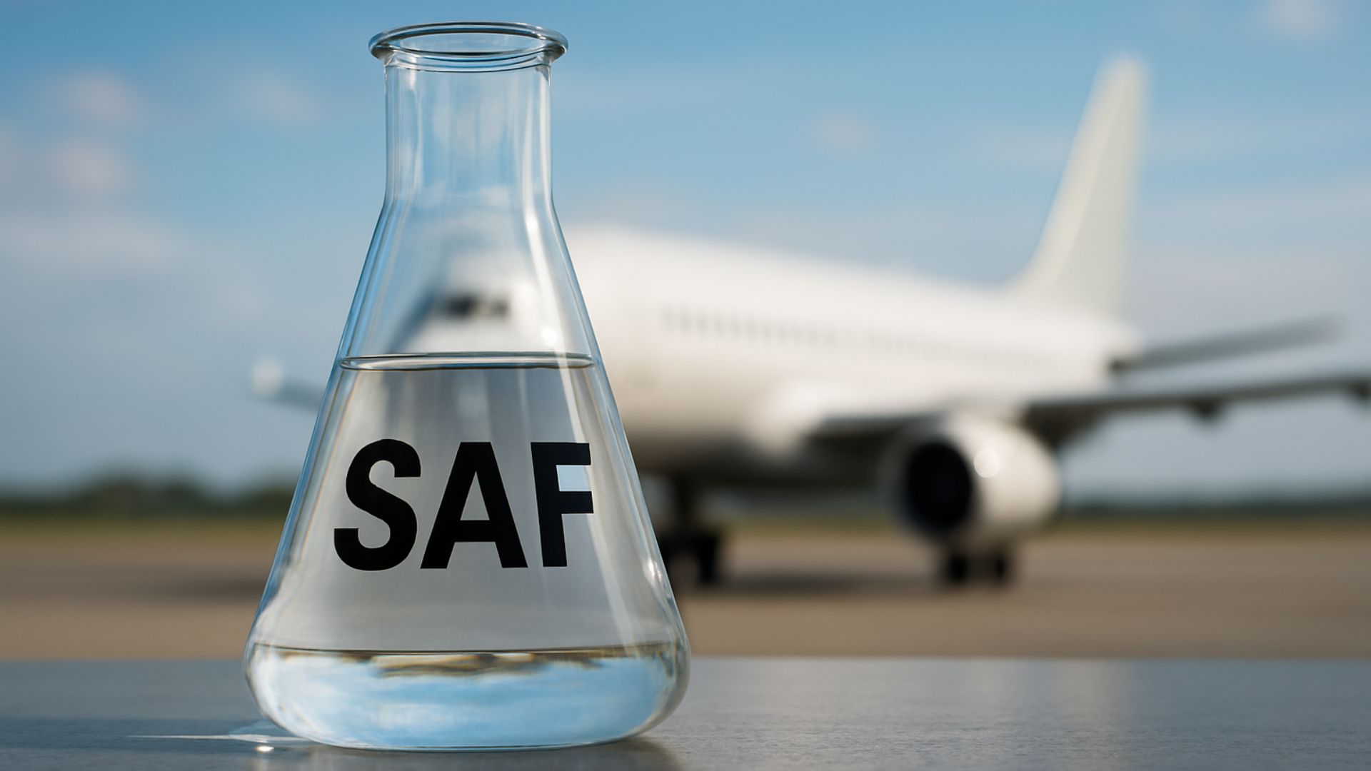 Frasco de laboratório com líquido transparente rotulado como "SAF", com avião desfocado ao fundo em pista de pouso